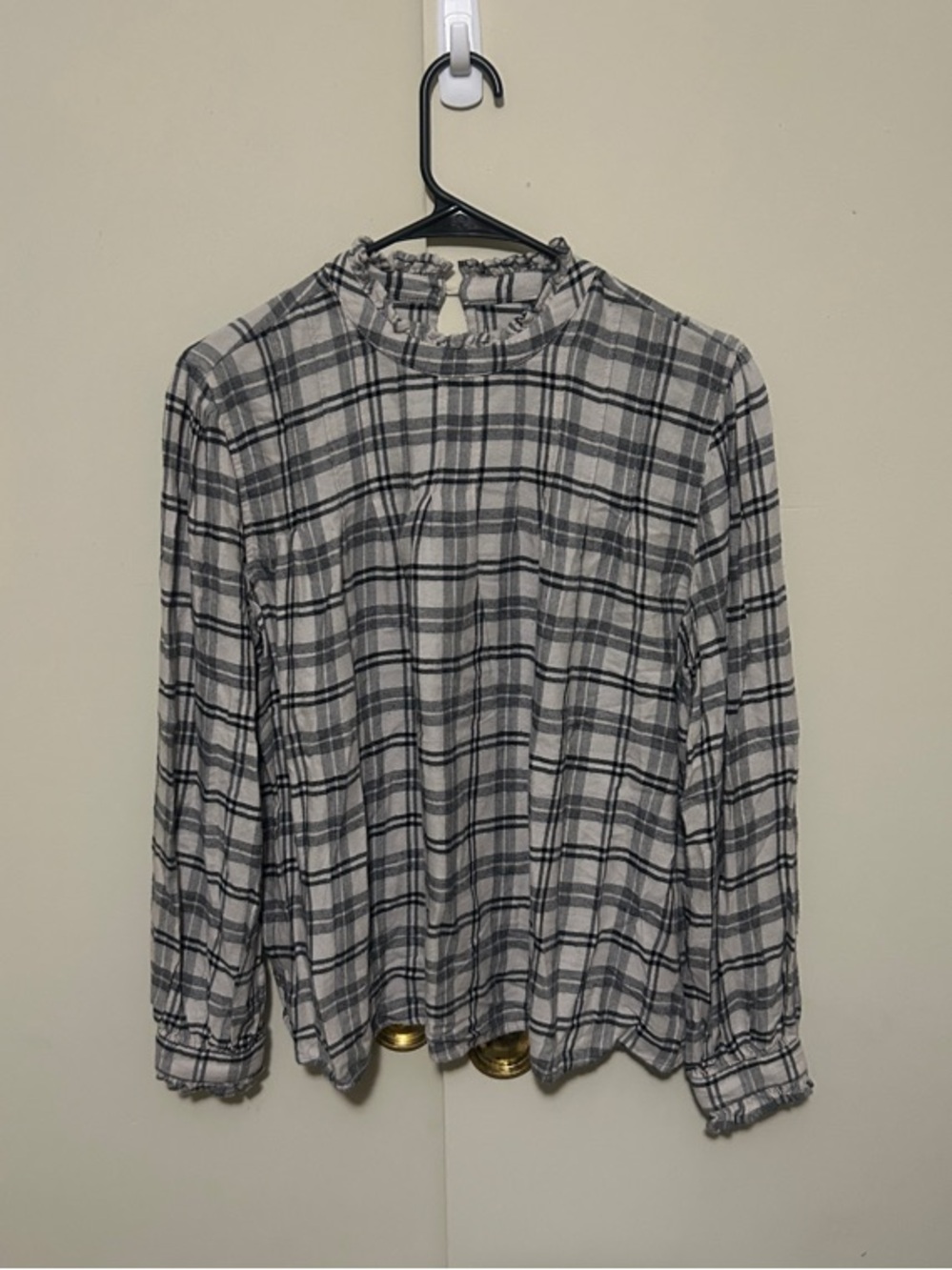 Rails Grey and White Plaid Ruffle-Neck Blouse